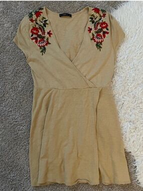 Zara Beige Embroidered Wrap Mini Dress